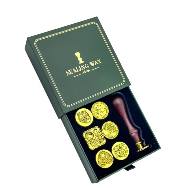 Coffret Sceaux de Cire Premium – 6 Tampons Interchangeables & Manche Bois