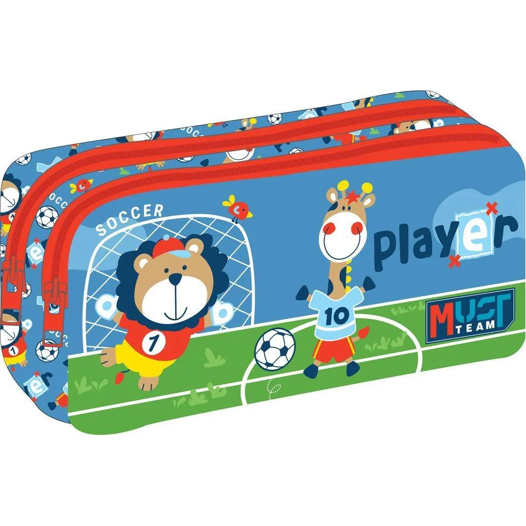 Trousse scolaire à 2 compartiments, motif joueur de football et animaux